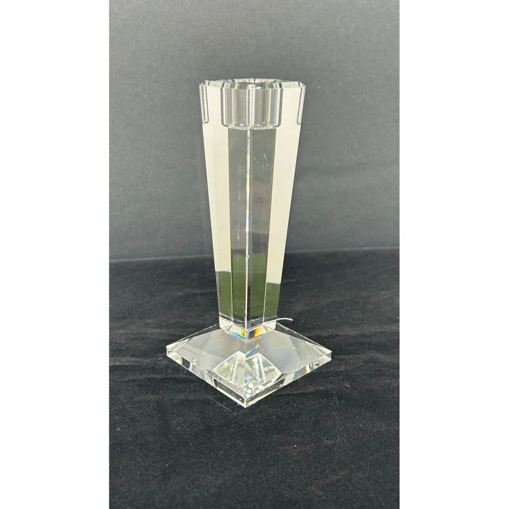 Oleg Cassini Crystal Candlestick Holder Signed Tapered Geometric Clear Glass 6in